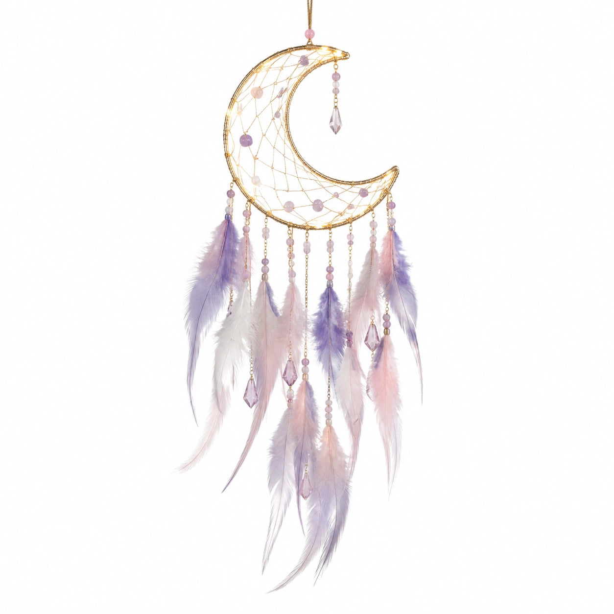 Attrape-rêves lune 25 x 75 cm en métal doré avec plumes rose violet style poétique