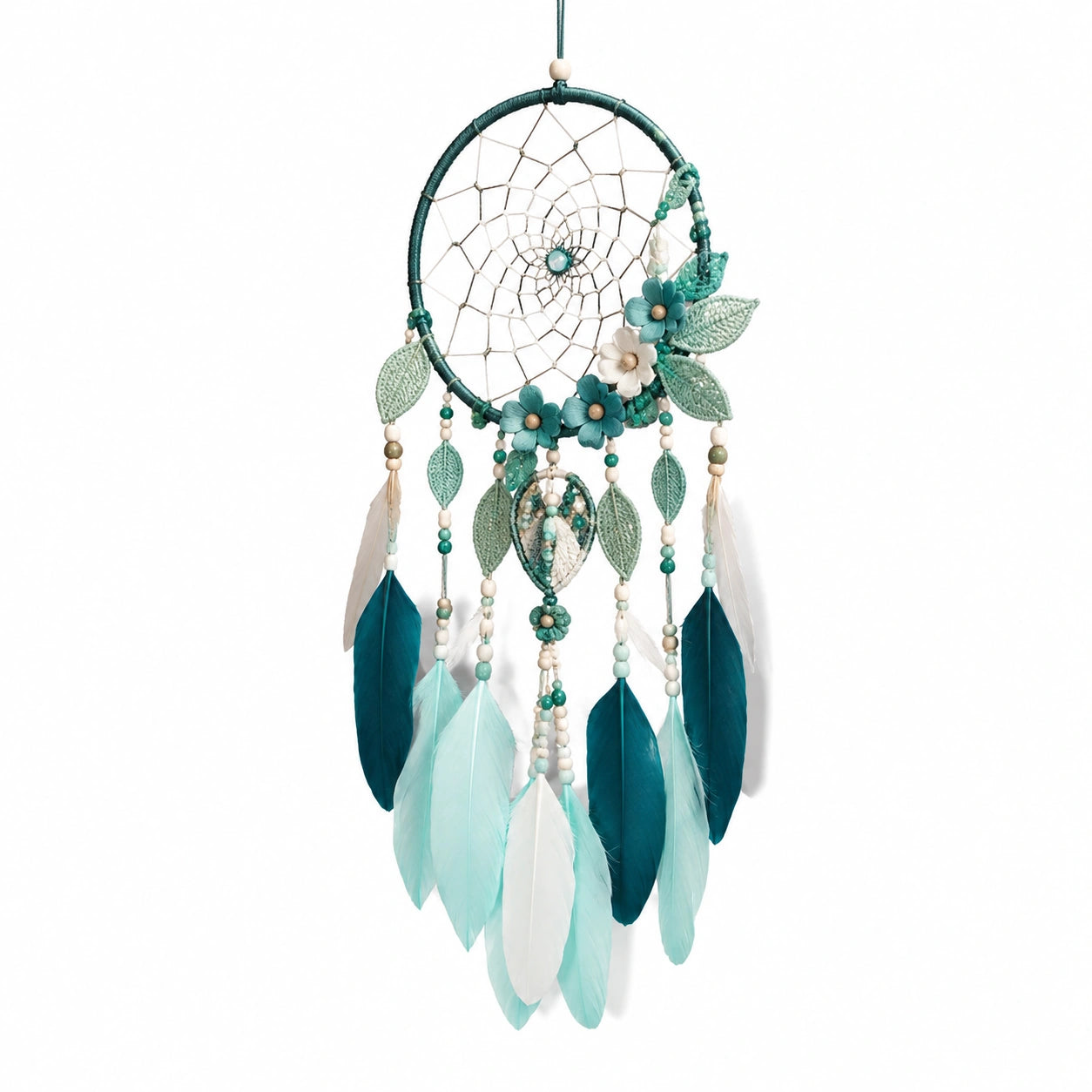 Attrape-rêves 30 x 70 cm en fil vert avec plumes décoration murale suspendue