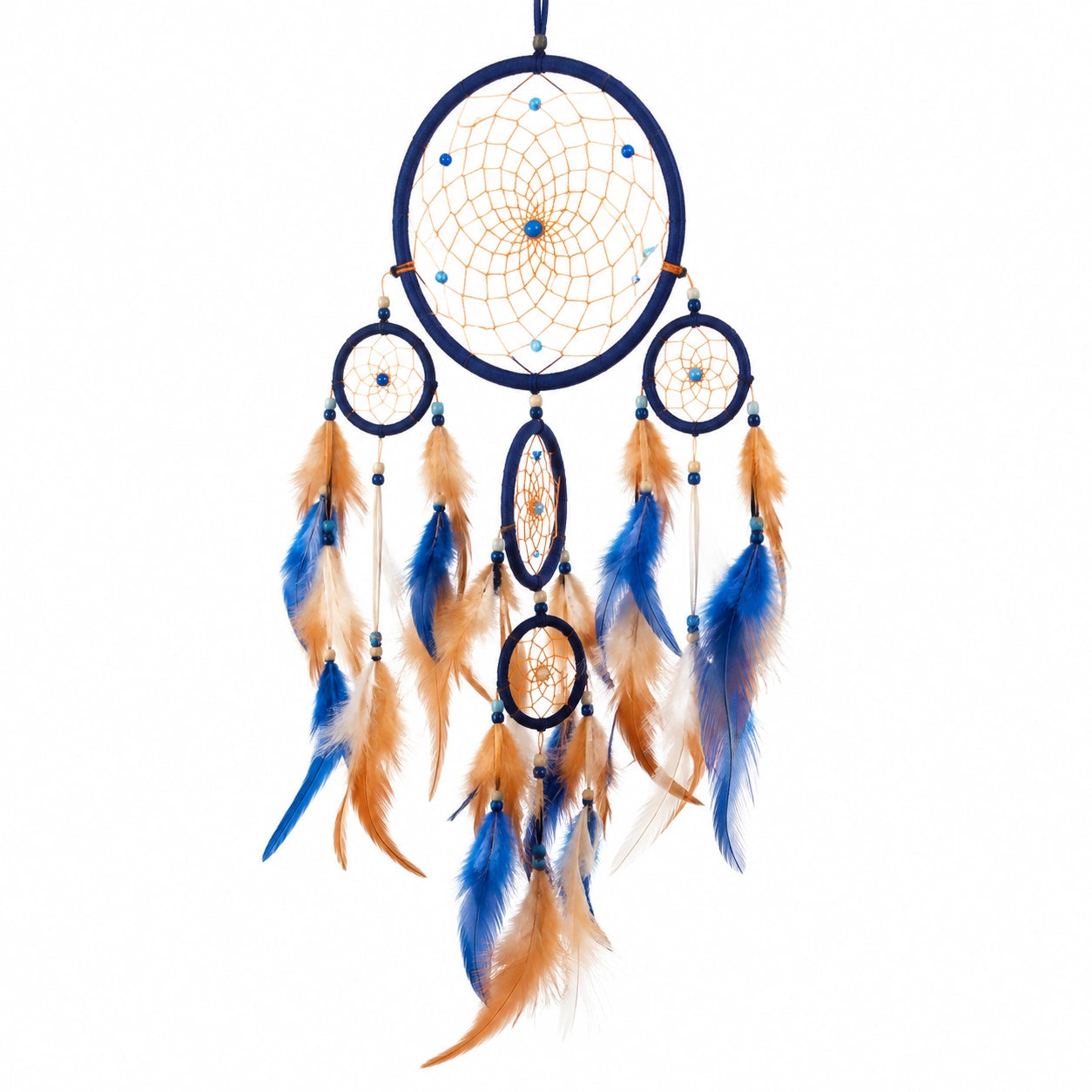 Attrape rêves 30 x 75 cm en textile bleu et orange à plumes suspension décorative tressée