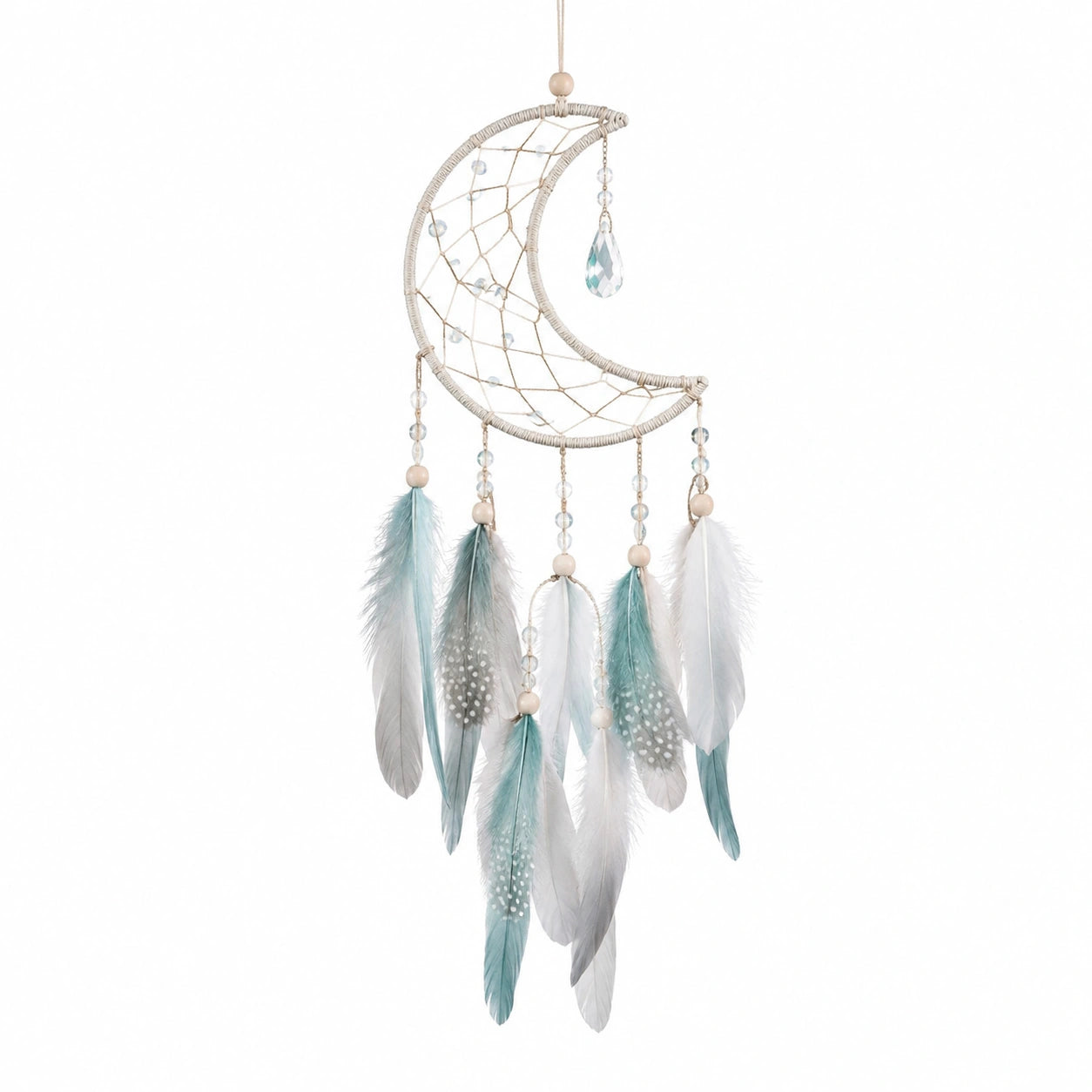Attrape-rêves lune 25 x 70 cm en corde beige avec plumes bleu clair et blanches style bohème suspendu