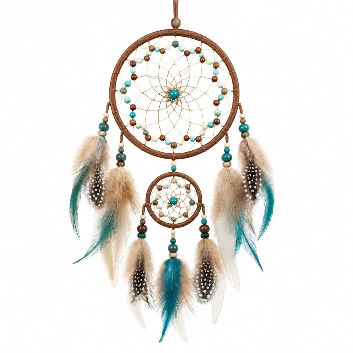 Suspension murale attrape-rêves 30 x 75 cm en fil brun avec plumes turquoise style bohème