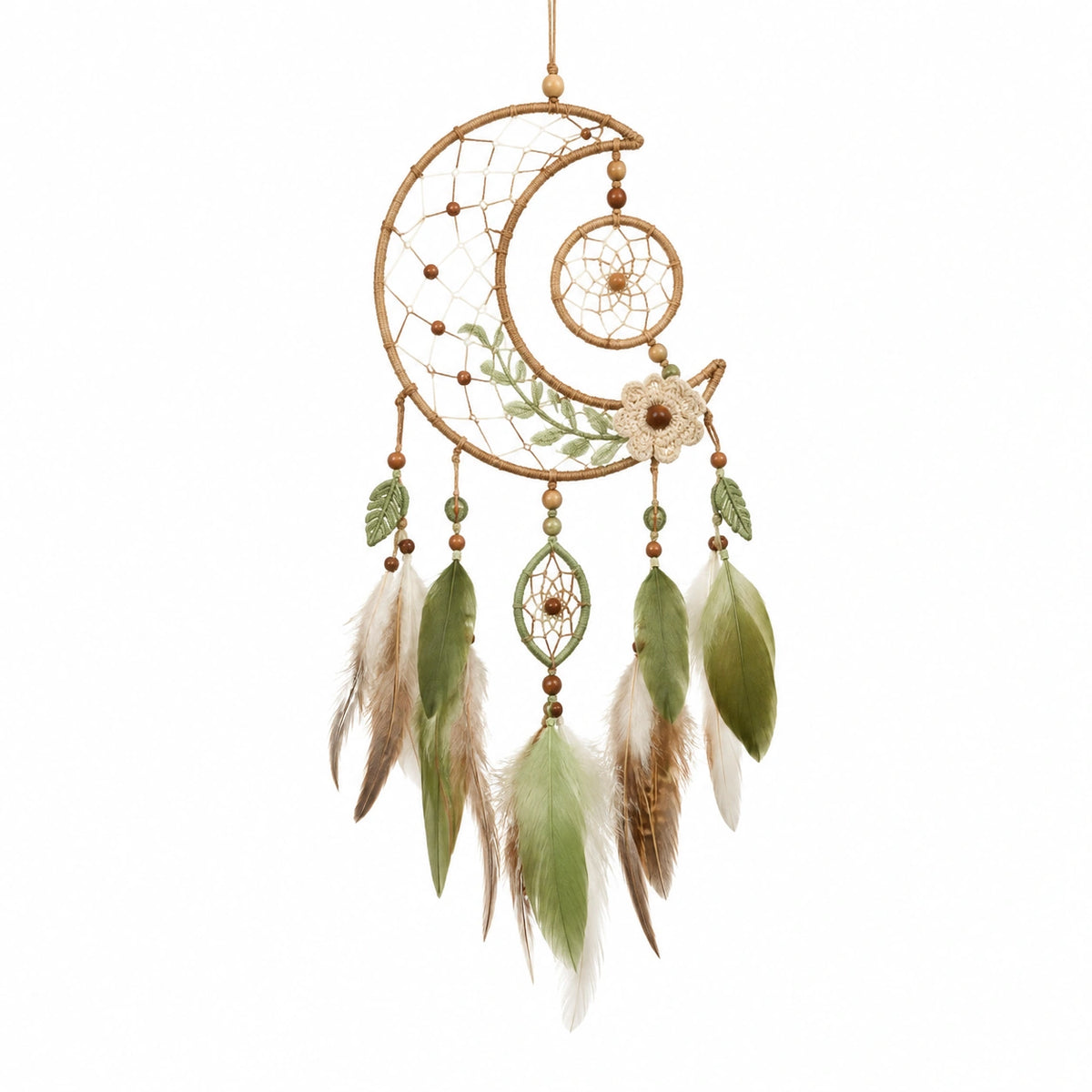 Attrape-rêves mural 30 x 80 cm en corde et plumes vert beige style bohème