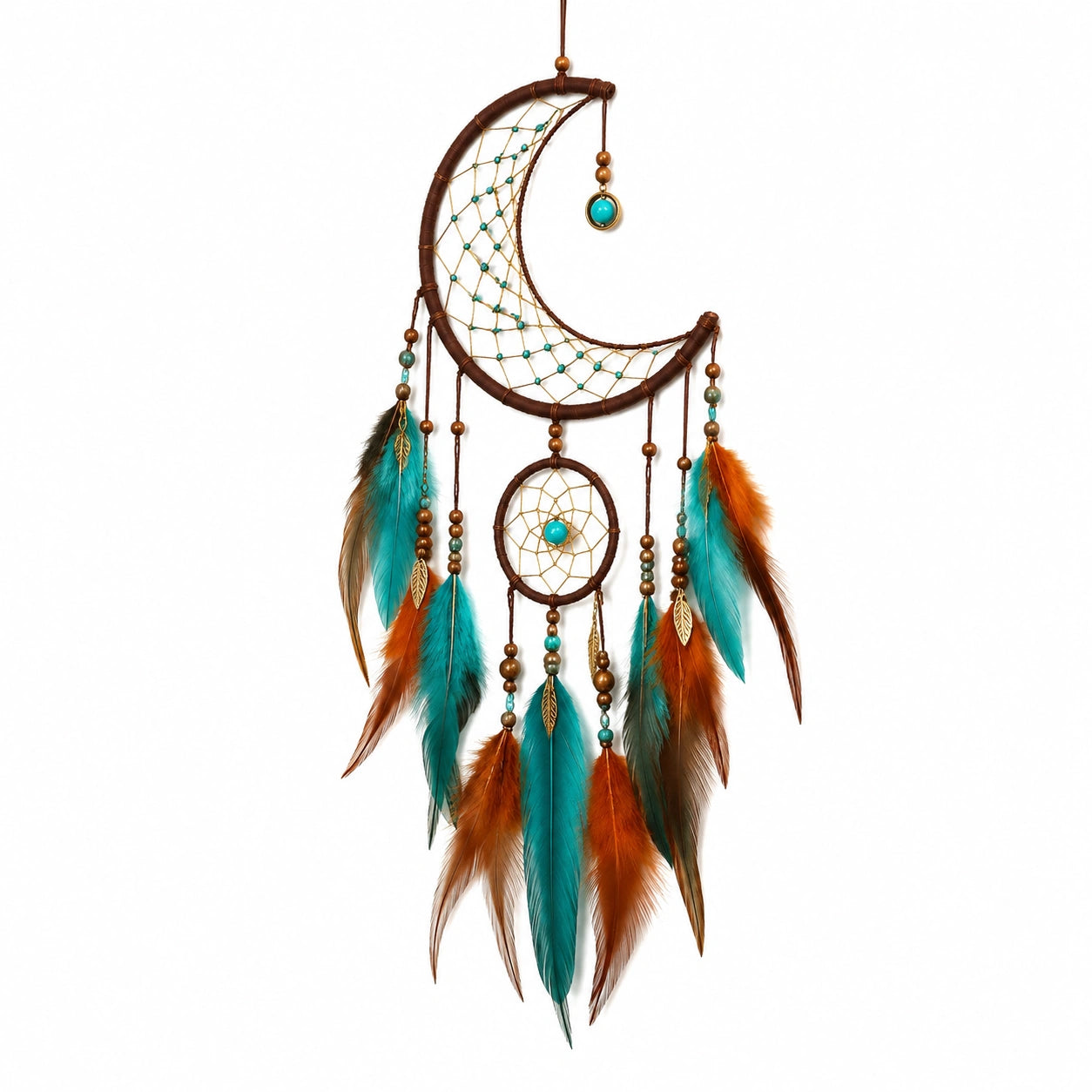 Attrape-rêves mural 30 x 80 cm en cordon et plumes turquoise marron décoratif
