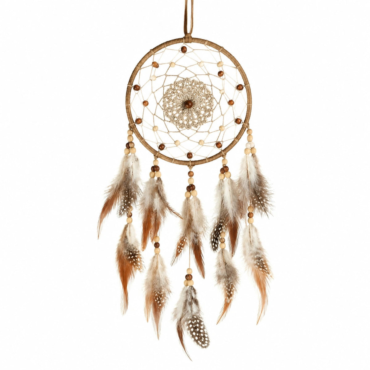 Attrape-rêves 25 x 60 cm en fibres naturelles beige marron avec plumes style bohème mural