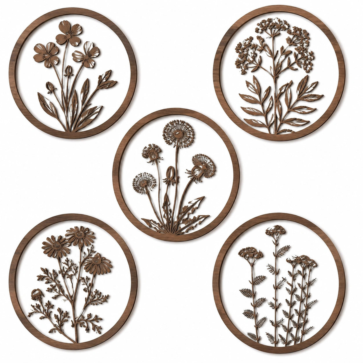 Décoration murale lot de 5 cercles floraux en bois marron diamètre 30 cm style botanique