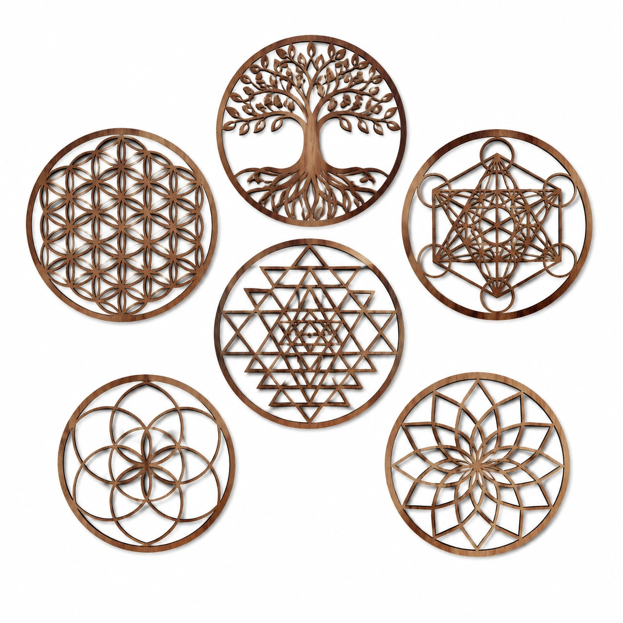 Lot de 6 décorations murales rondes 30 cm en bois marron motifs géométriques et arbre