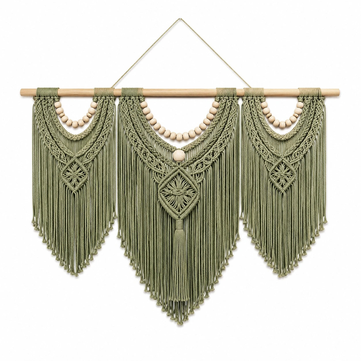 Tenture murale en macramé 110 x 100 cm vert sauge avec franges style bohème