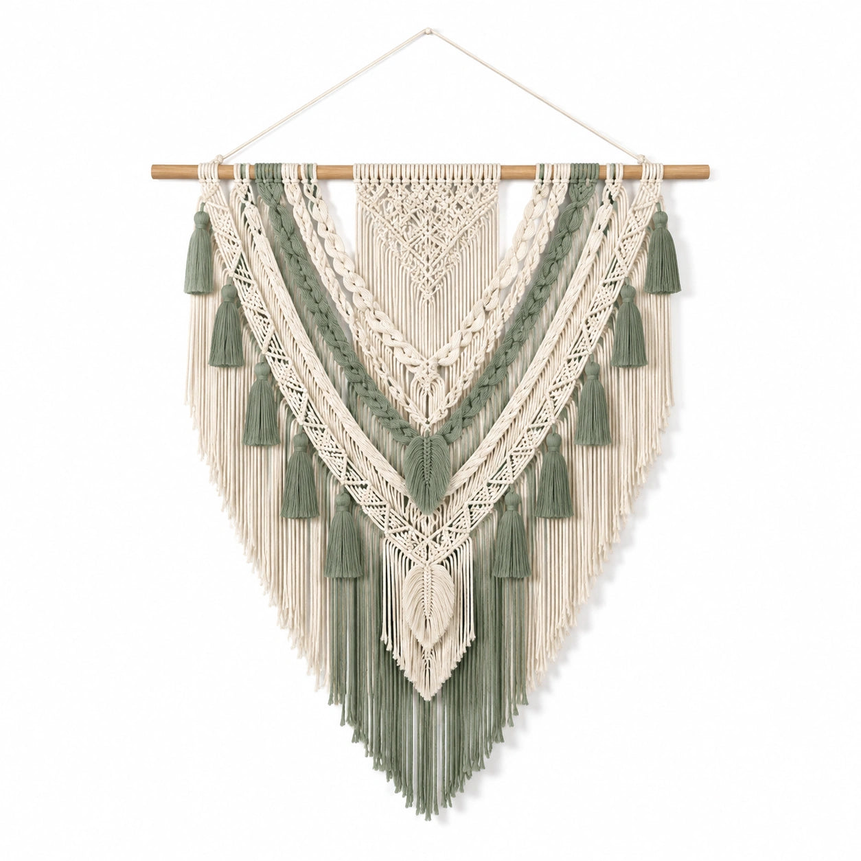 Tapisserie murale macramé 60 x 90 cm en corde textile vert sauge et écru style bohème