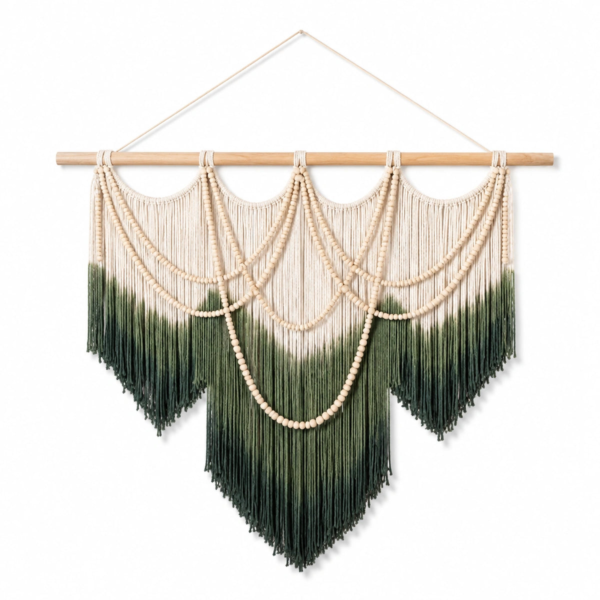 Tenture murale 100 x 115 cm en coton et bois beige vert style bohème