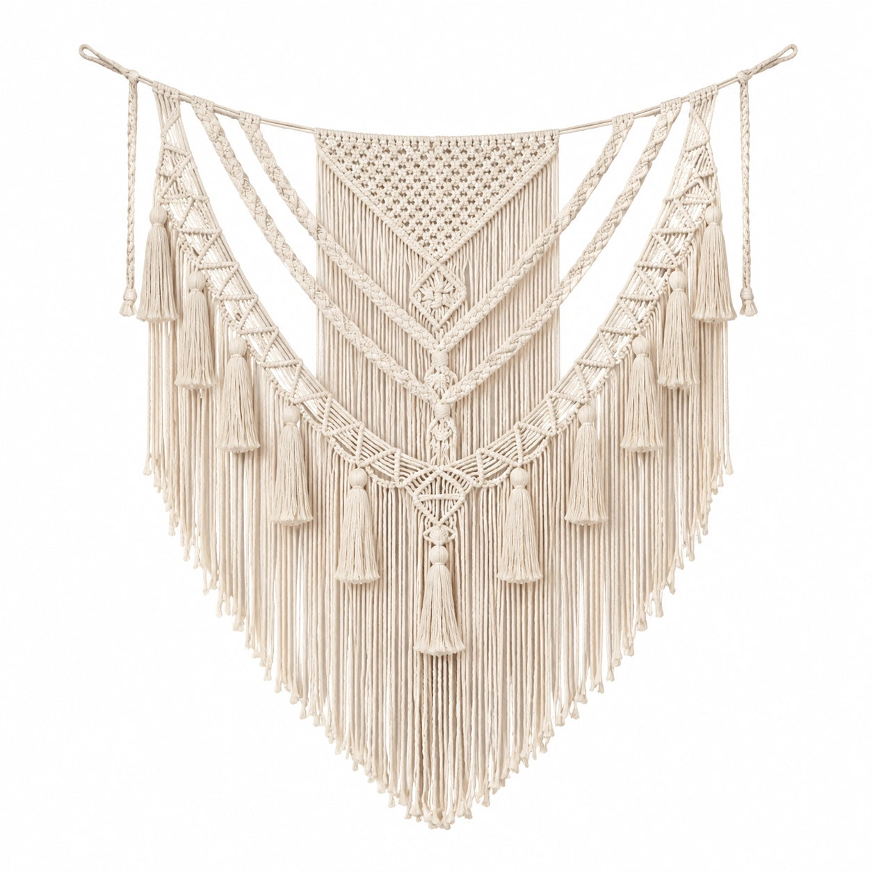 Tenture murale 100 x 120 cm en coton écru macramé à franges style bohème