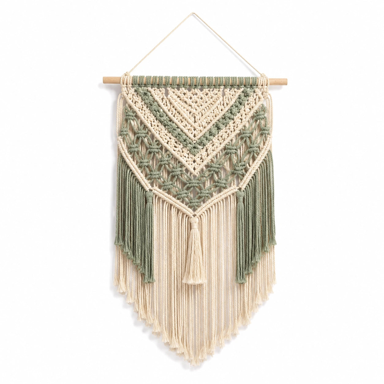 Tapisserie murale 45 x 75 cm en coton beige et vert style macramé