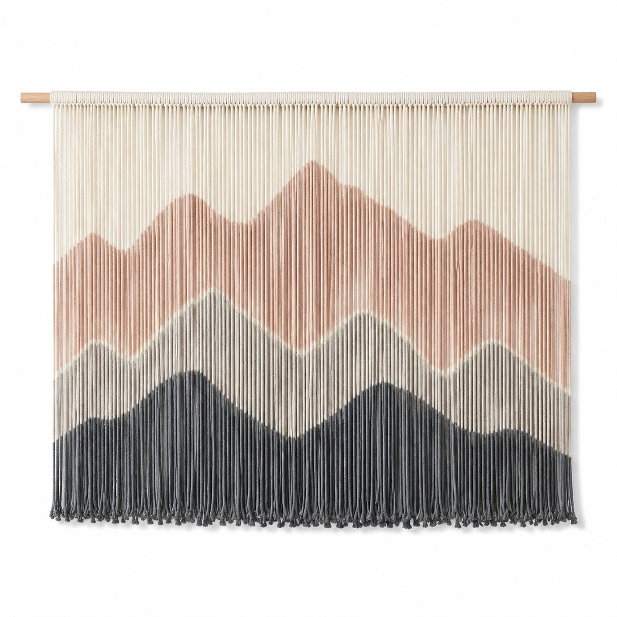 Tenture murale 100 x 90 cm en corde de coton beige rose gris motif montagnes décorative
