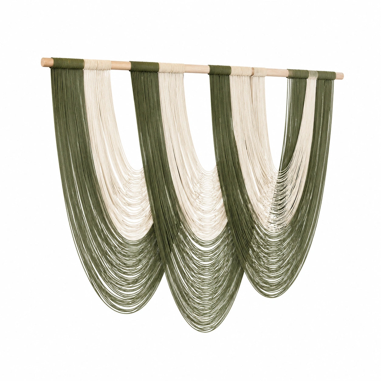 Suspension murale 100 x 95 cm en fibres textiles vert olive et écru avec barre en bois style bohème