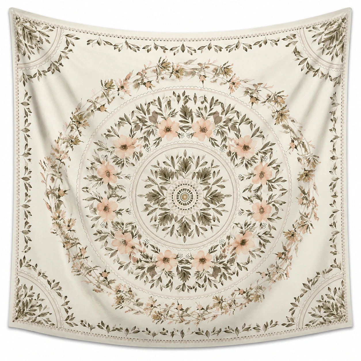 Tapisserie murale 150 x 150 cm en polyester beige à motif floral style bohème