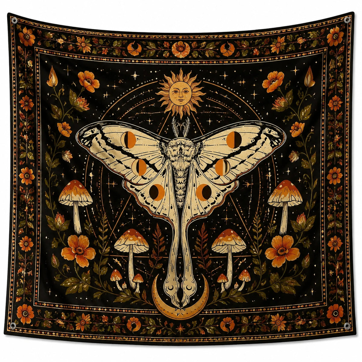Tapisserie murale 150 x 130 cm en polyester noir motif papillon style bohème