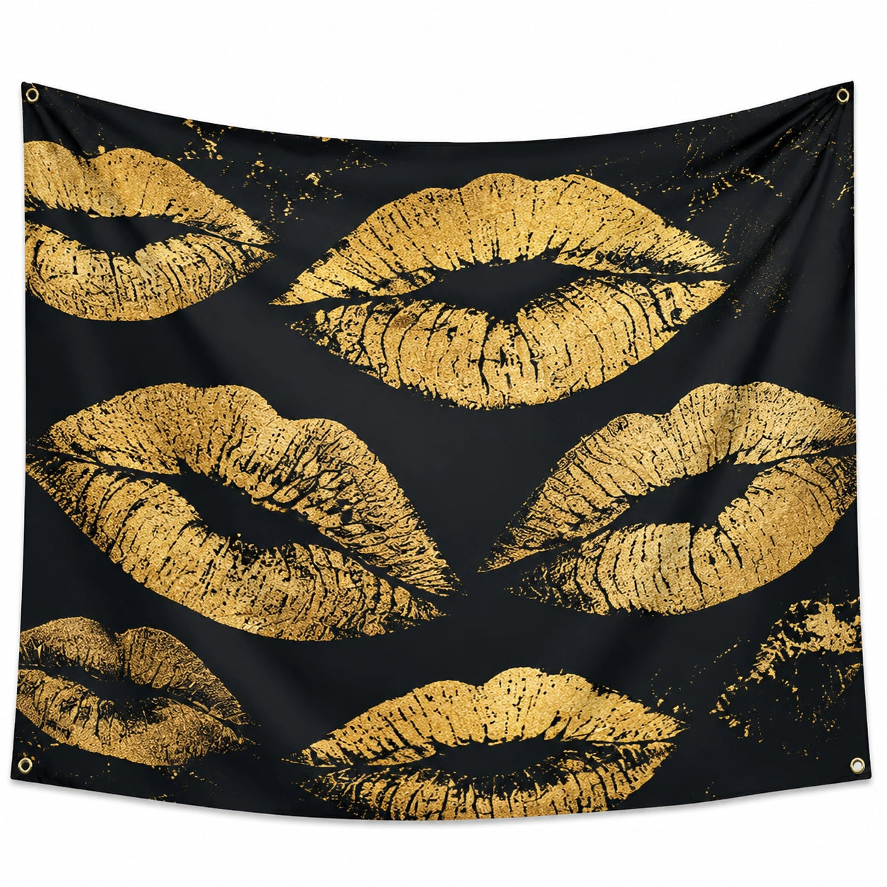 Tapisserie murale 150 x 150 cm en polyester noir et doré motif lèvres style glamour