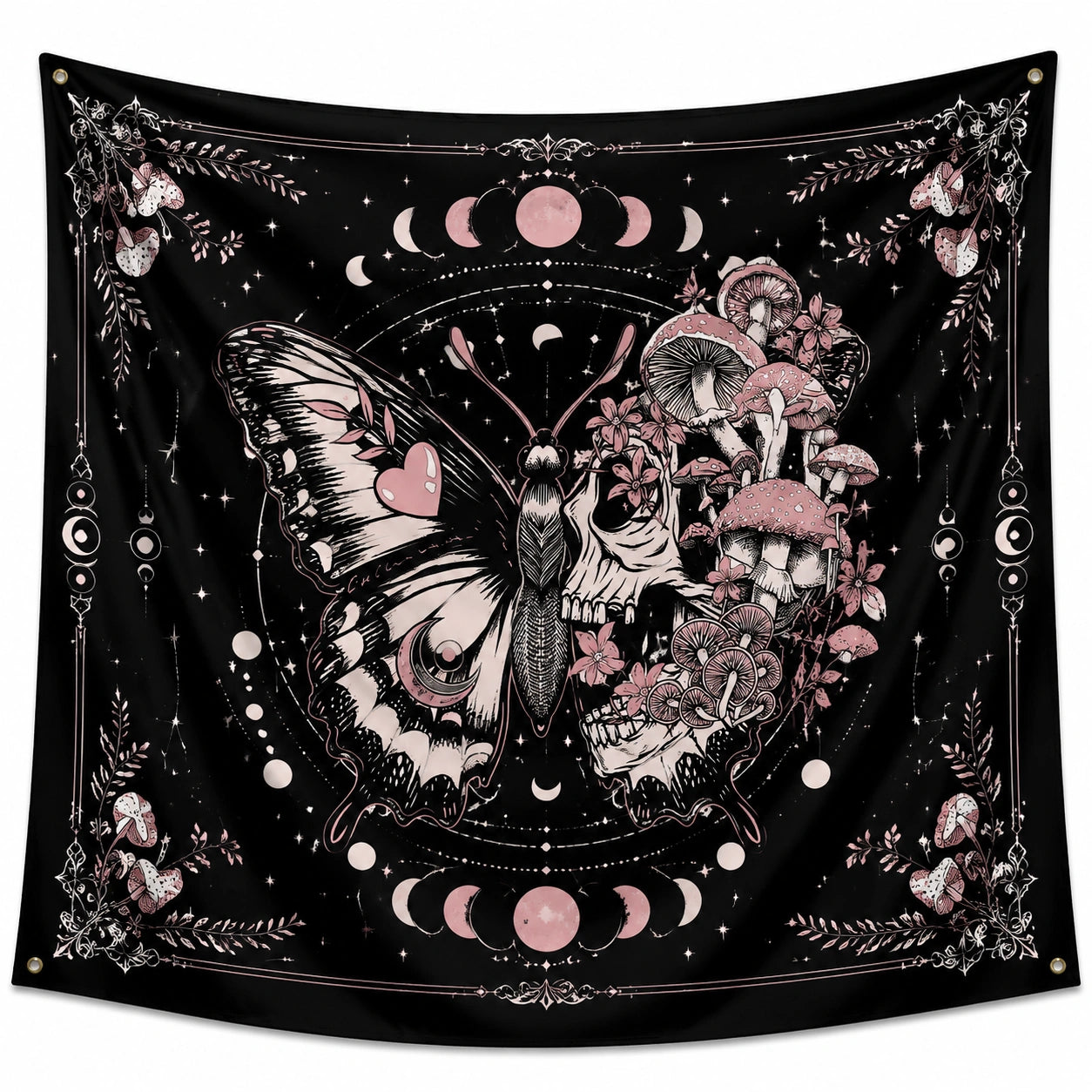 Tenture murale 150 x 150 cm en polyester noir rose motif crâne papillon et champignons style gothique