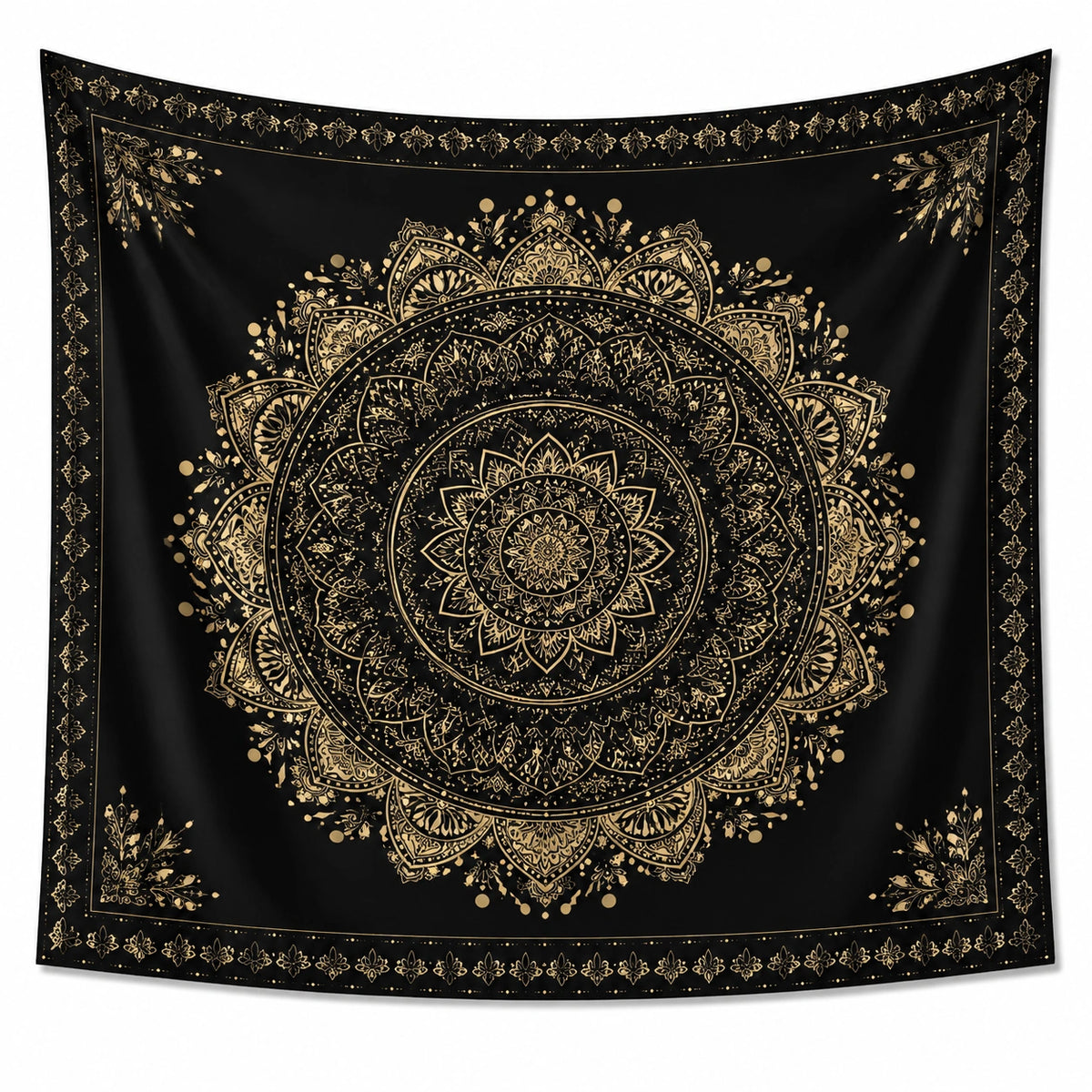 Tapisserie murale 150 x 150 cm en polyester noir et doré motif mandala décoratif