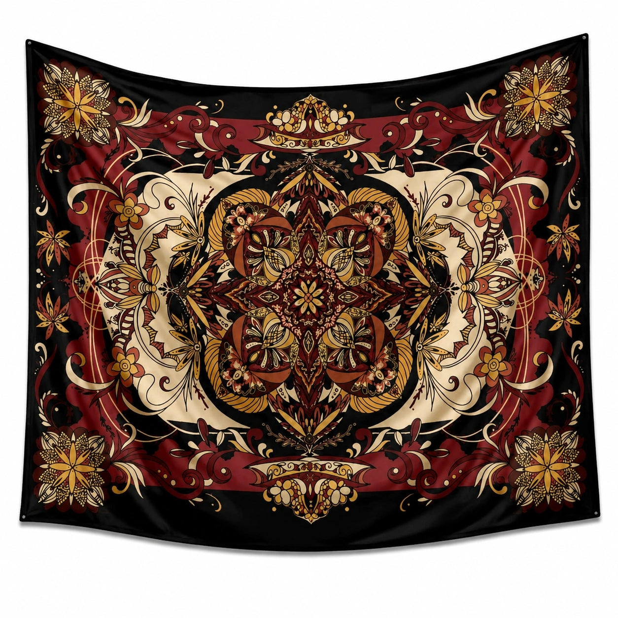 Tapisserie murale 150 x 150 cm en tissu synthétique noir rouge et beige à motif floral décoratif