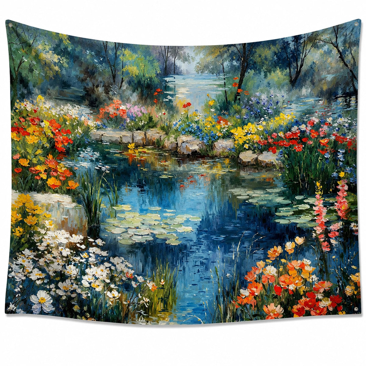 Tapisserie murale 150 x 130 cm en polyester multicolore paysage floral avec œillets décoratifs